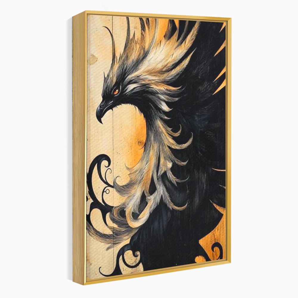 Tablou canvas cu tablou canvas cu pasare mitologica phoenix, in rama de aluminiu auriu